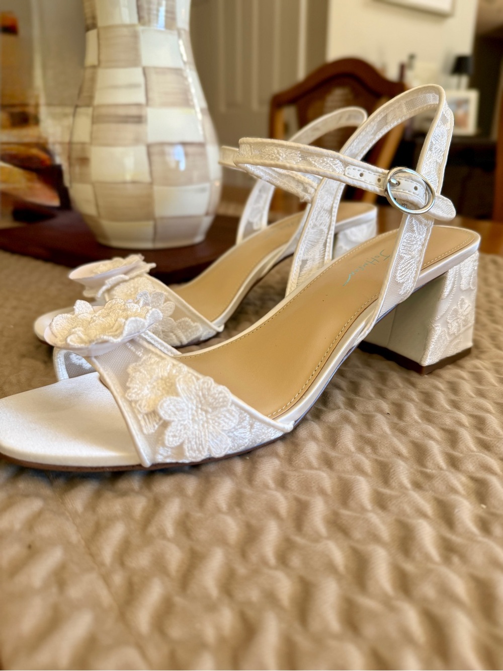 Betsey Johnson White Floral Embroidered Block Heel Sandals